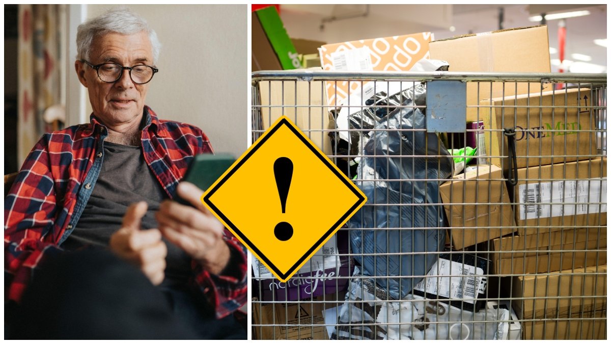 Man som tittar på en mobiltelefon och paket hos ett ombud