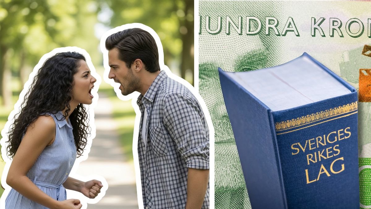 Två personer bråkar med varandra, sveriges kontanter och svenska lagboken.