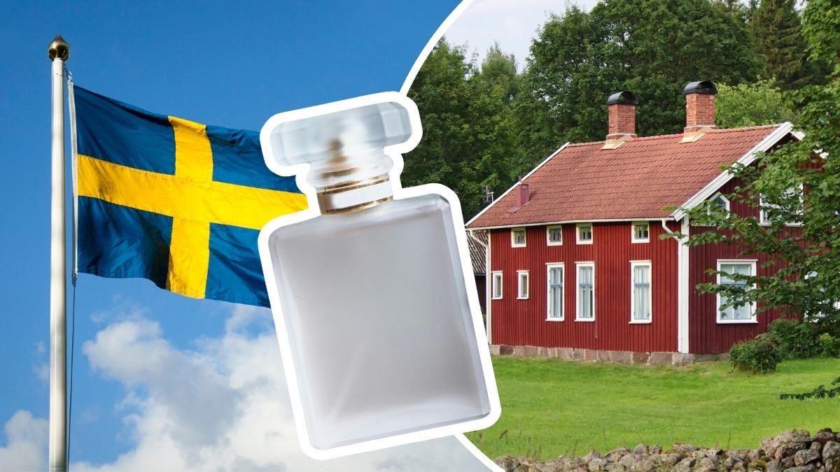 Sverige-flagga, parfymflaska och rött hus med vita knutar