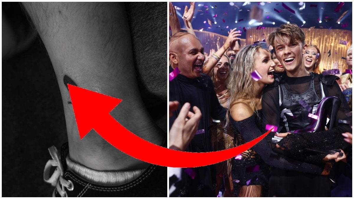 En bild på Theos bild i svart-vitt syns med en röd pil som täcker hans nya glassko tatuering. Jämte syns en bild på när han och danspartern är glada över vinsten i Let's Dande, och folk står runt om och applåderar.