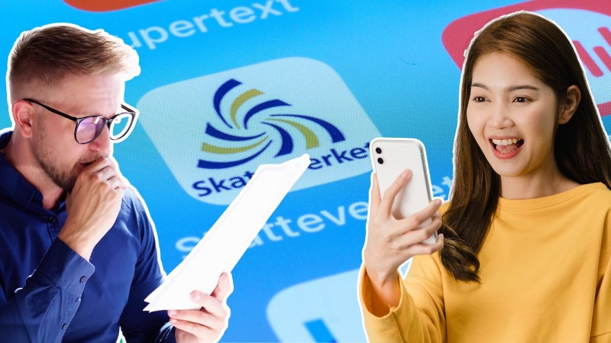 Skatteverkets app, en förvånad man med papper i handen och en glad kvinna med mobilen i handen.