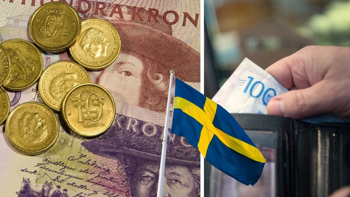 Kontanter, svenska sedlar, svensk flagga och en plånbok.