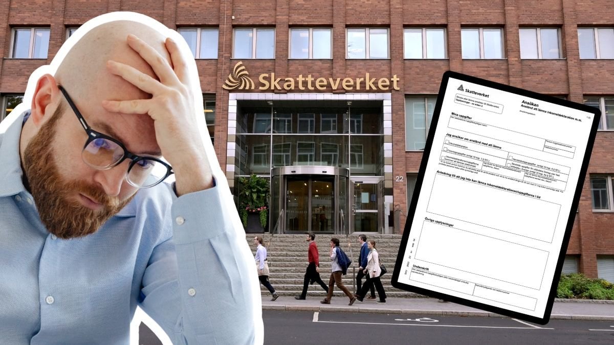 Man med bekymrad min, Skatteverkets kontor och en ansökan om anstånd för deklarationen 2026
