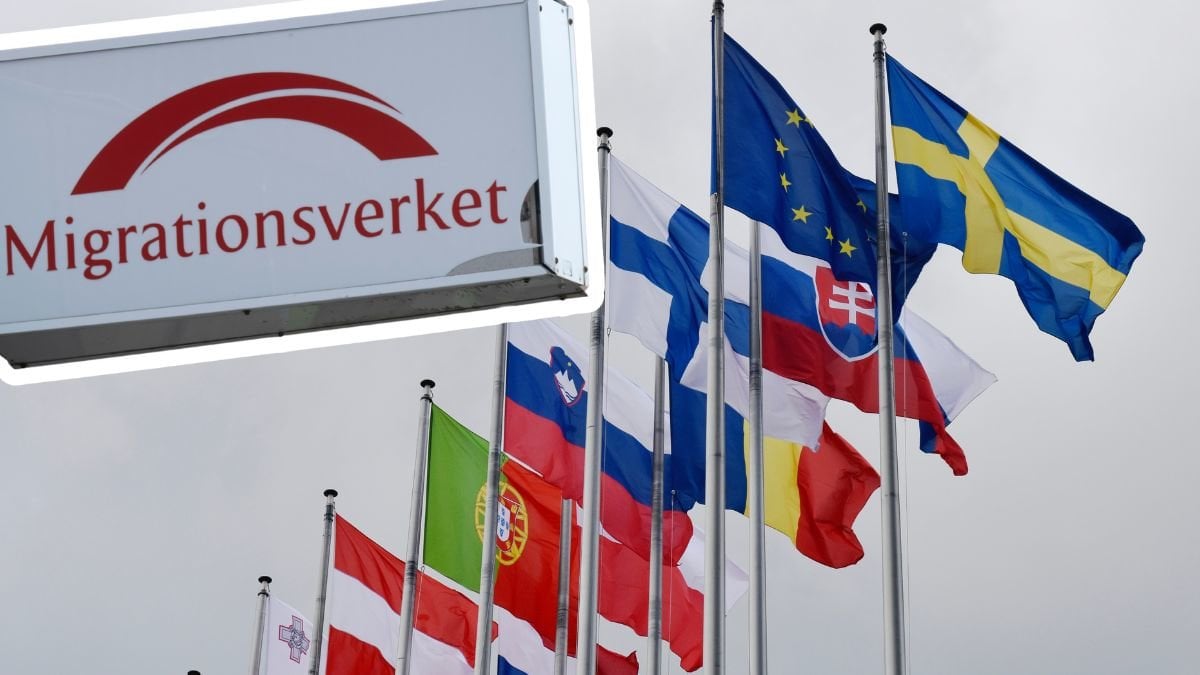 Migrationsverket och EU-flaggor.