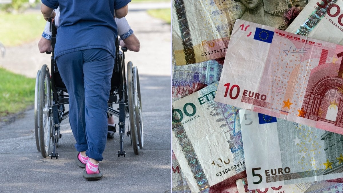Pensionär i rullstol och svenska- och eurosedlar.