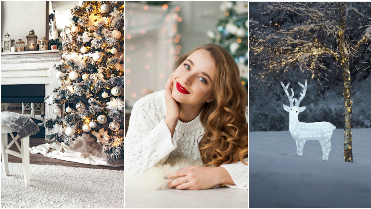 Julgran, tjej i röda läppar, ren i snön
