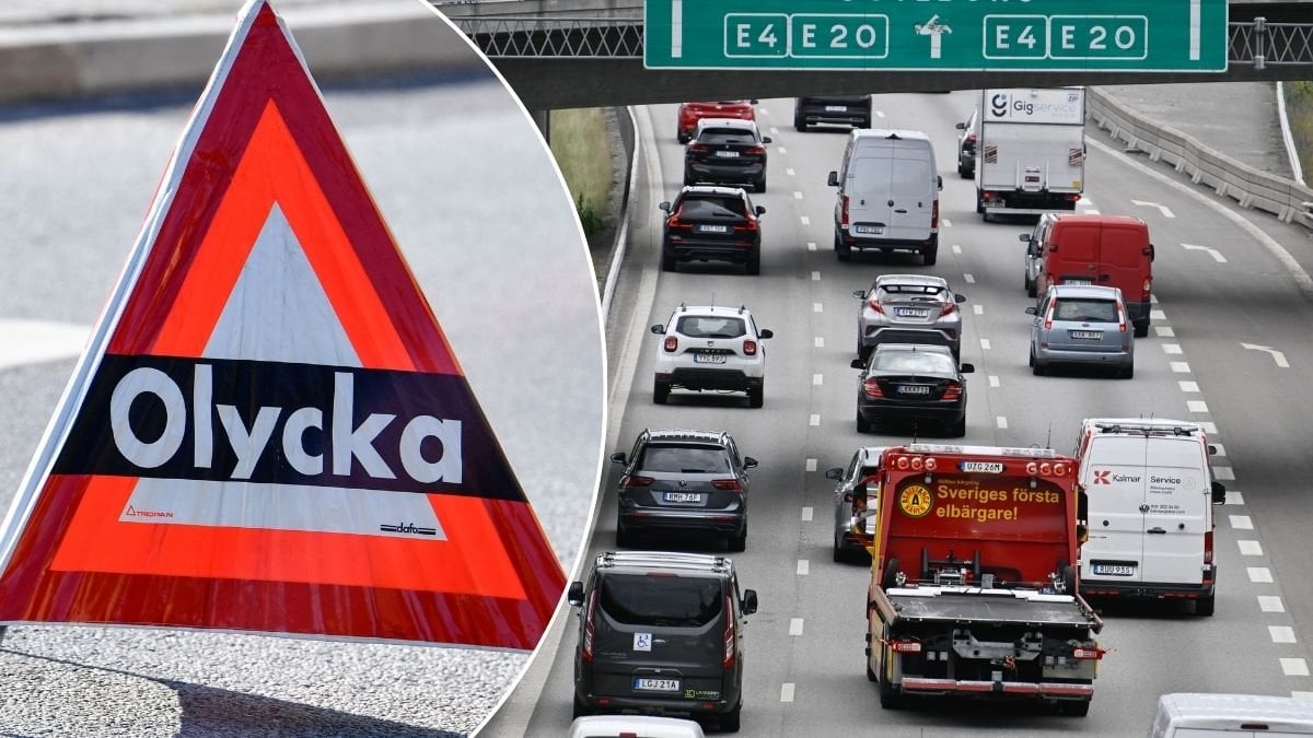 Bilder på trafik och en olycka-skylt.