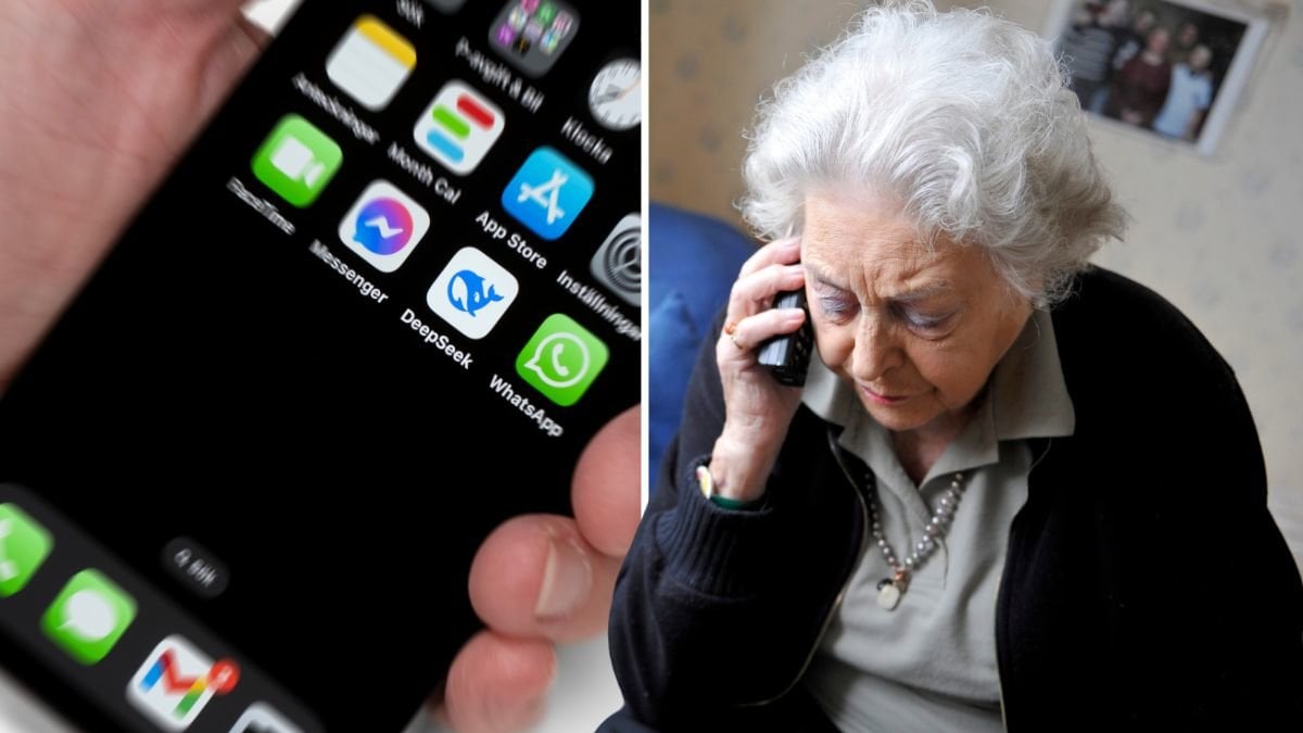 Iphone mobil hemskärm med telefonsamtal och en pensionär som pratar i telefon.