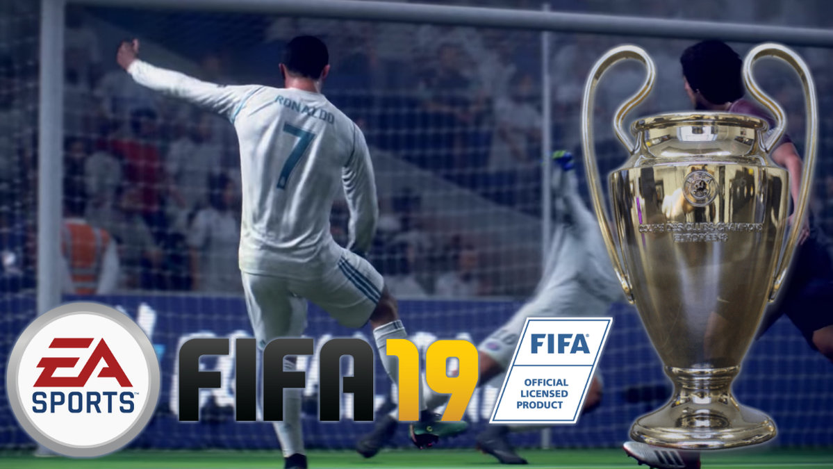 Cristiano Ronaldo, Adrien Rabiot och Alphonse Areola i FIFA 19. FIFA 19 logo, Champions League-pokalen.