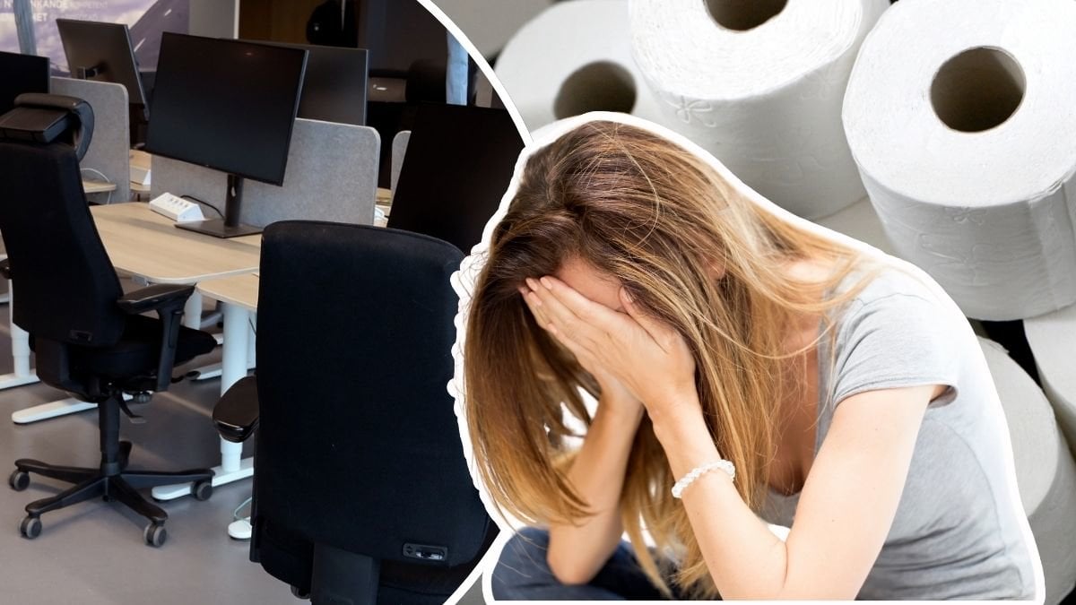 Kontor, kvinna och toalettpapper.