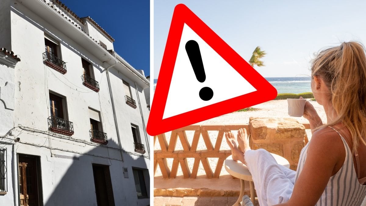 Spanskt hus vänster. en kvinna som solar på en balkong höger. Utklippt varningsskylt i mitten.