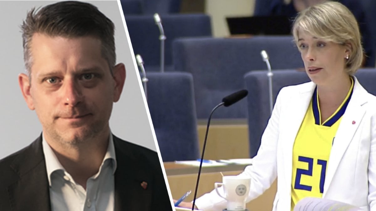 Annika Strandhäll hade på sig en Sverige-tröja i riksdagen.