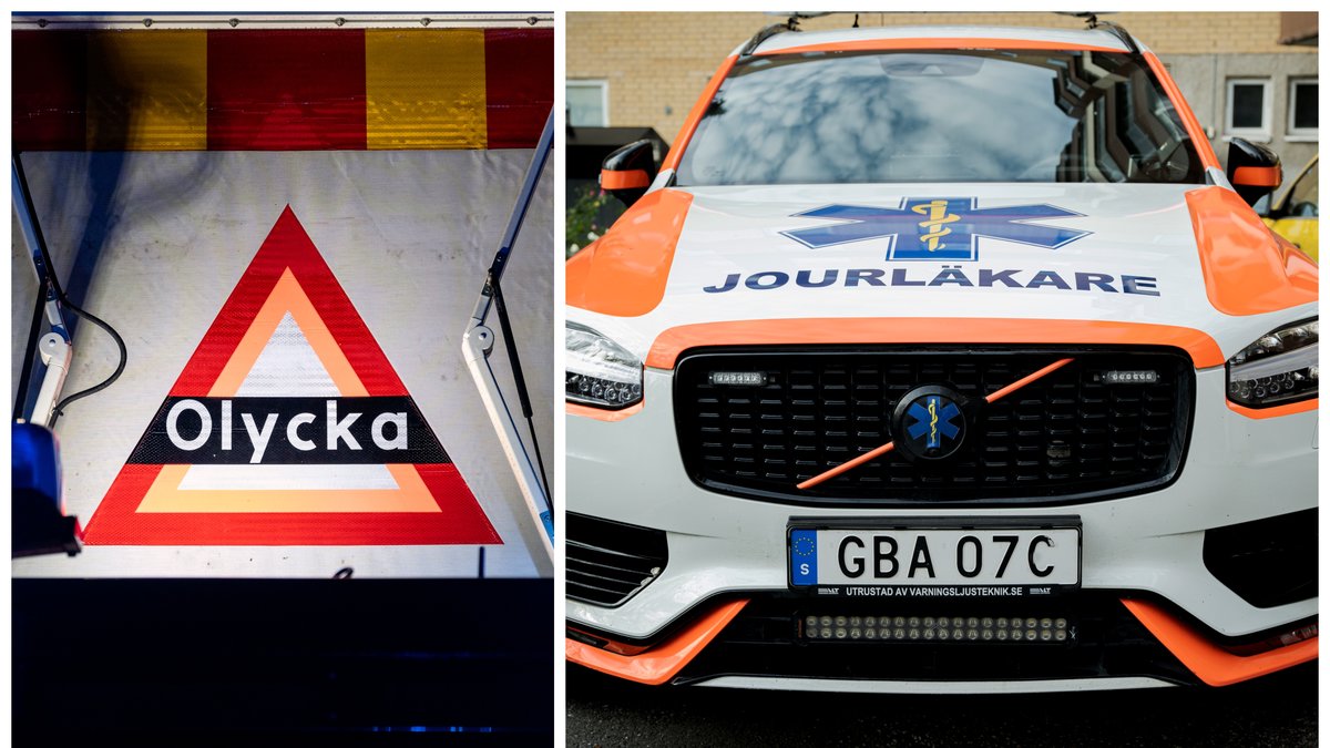 En person fördes till sjukhus efter att en personbil och en jourläkarbil frontalkrockat.