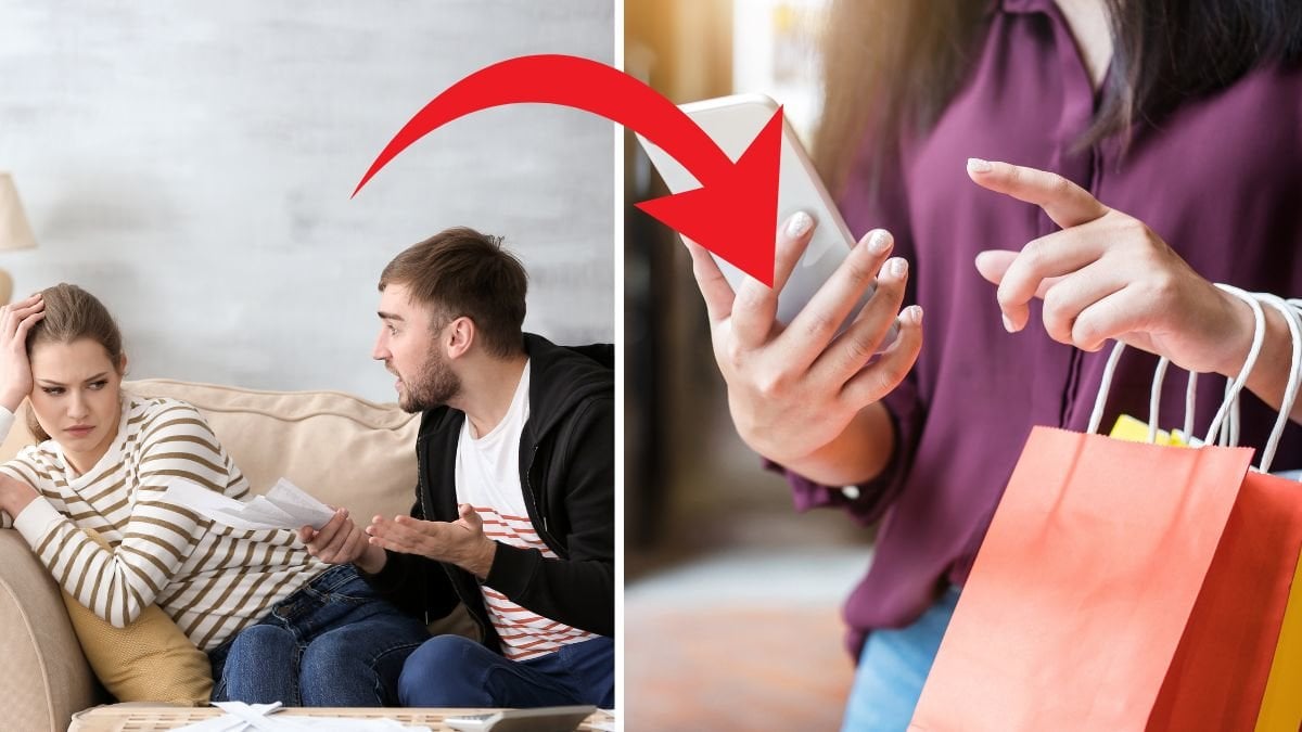 Par som bråkar till vänster, shoppingpåsar över en persons arm till höger. en röd pil pekar från paret till shoppingpåsarna.