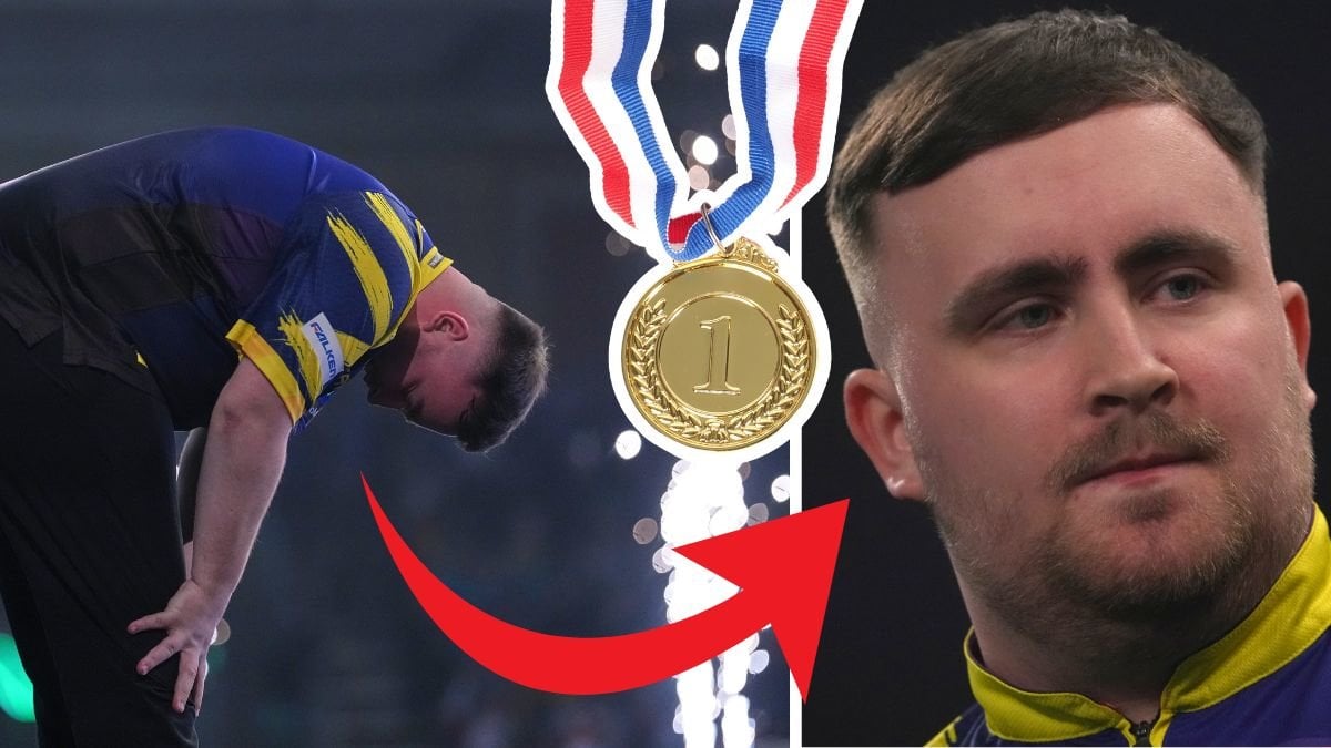 Luke Littler vid vinsten till vänster. Närbild på Luke Littler höger. En utklippt guldmedalj i mitten övre. En röd pil pekar på närbilden av Luke Littler.