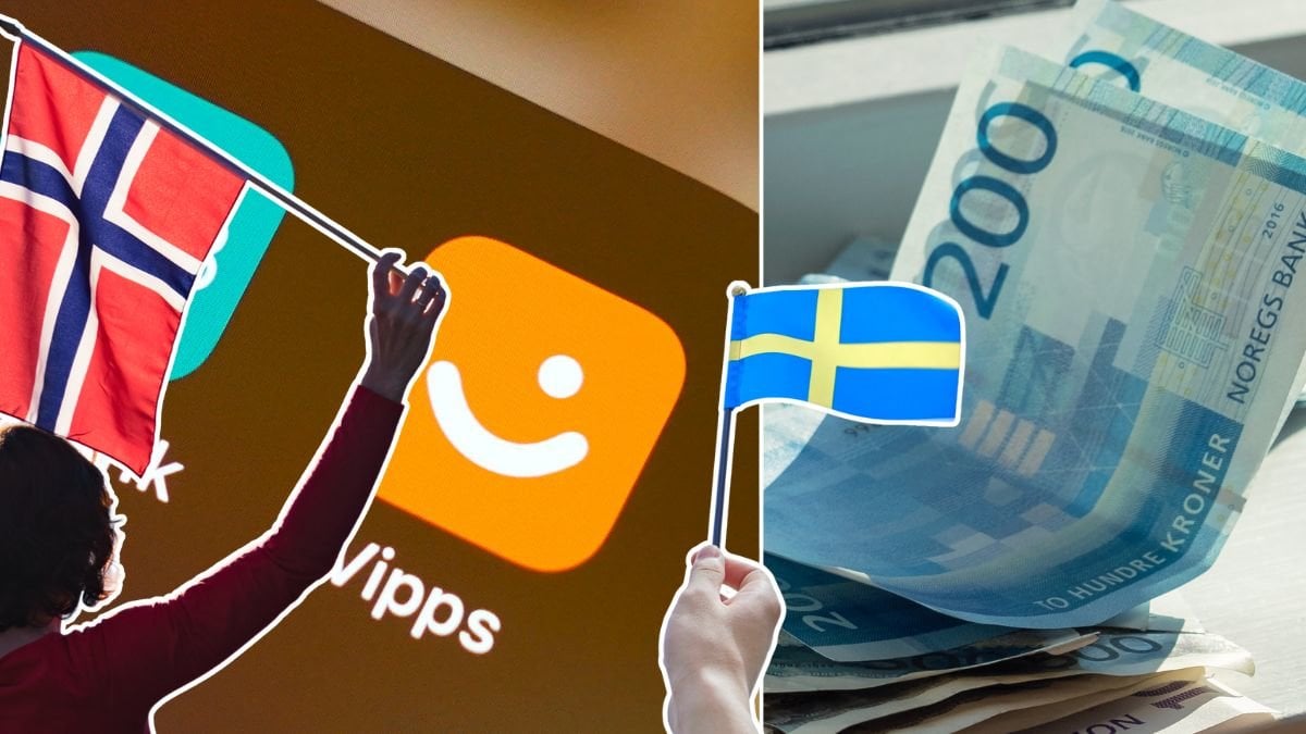 Vipps-appen, norsk flagga, svensk flagga och norska kronor.