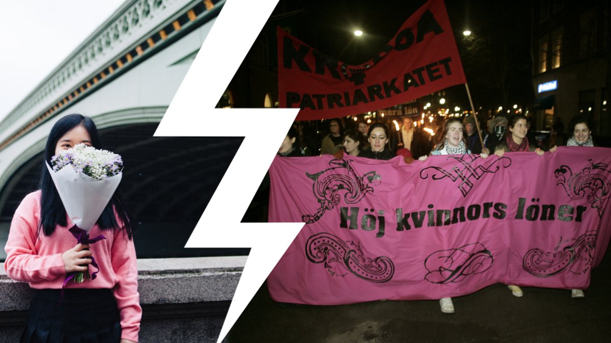 Kvinna med blombukett och en skylt från demonstration.