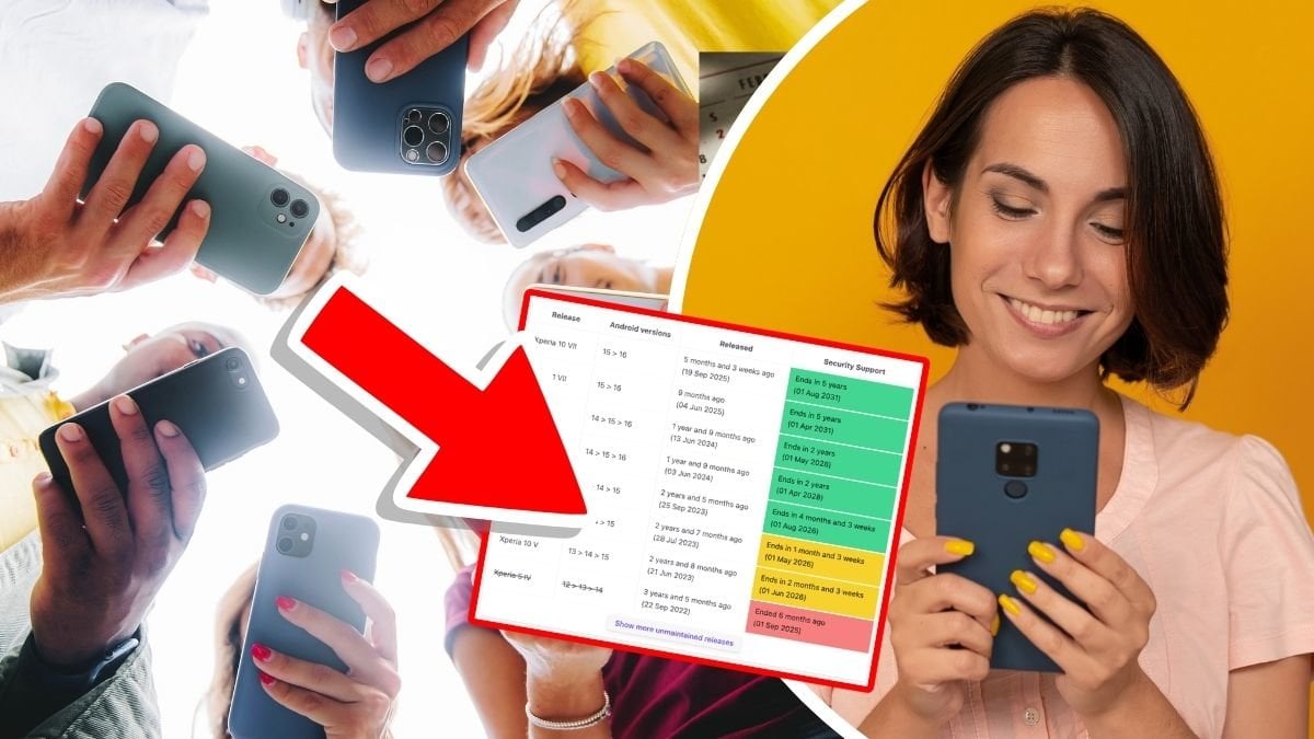 Personer med mobiltelefoner i händerna och en kvinna som tittar på en mobiltelefon
