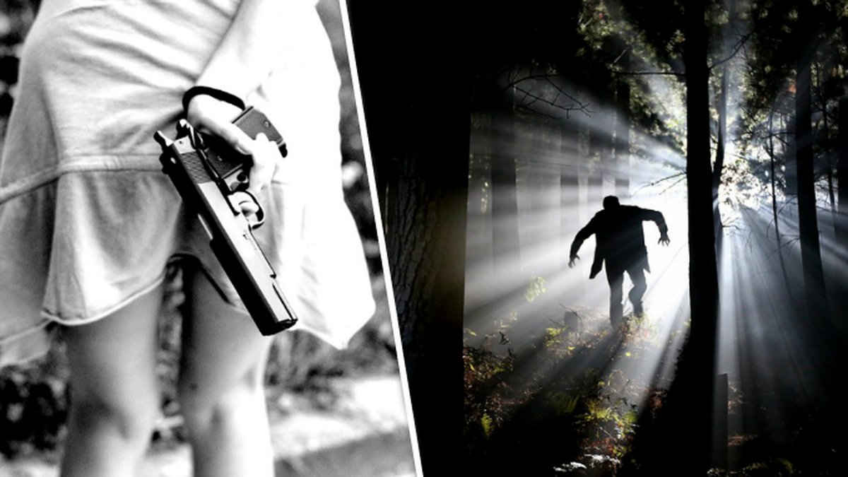 tjej med pistol bakom ryggen, man i mörk skog