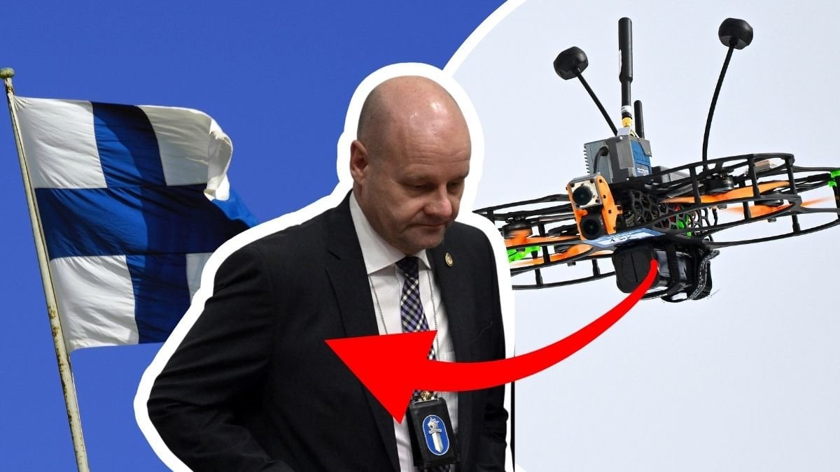 Finlands flagga vänster. ​Risto Lohi i mitten. Drönare höger.