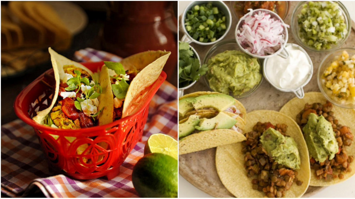 Tacos i röd korg, mjuka tacoskal.