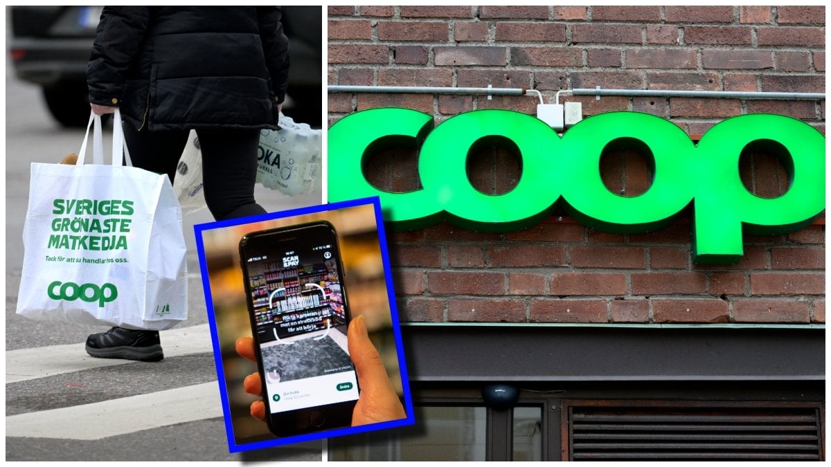 Coop-kasse, Scan & Pay-appen och en Coop-skylt