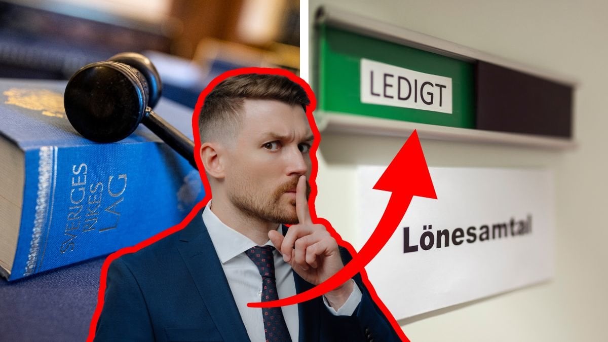 Lagbok vänster, skylt med texten lönesamtal höger. Utklippt man med fingret framför munnen i mitten.