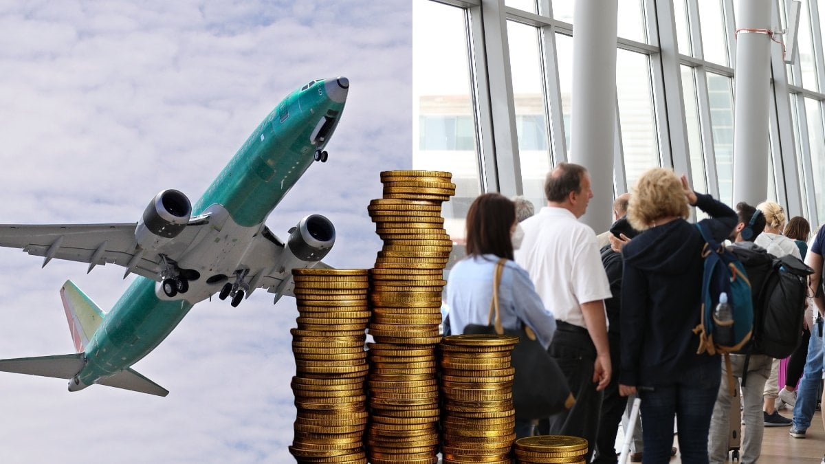Bilden till vänster visar ett flygplan i luften. Bilden till höger visar resenärer i kö på en flygplats.