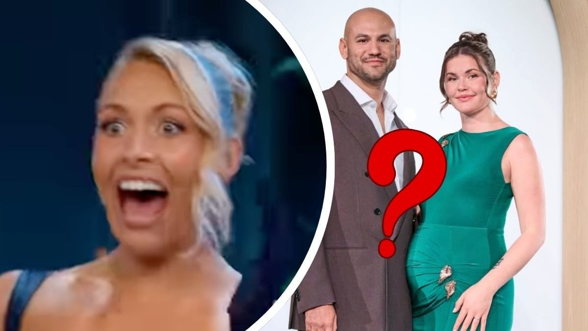 Camilla i Love is Blind vänster. Aniela och Ibrahim i Love is Blind höger. Ett rött frågetecken i mitten.