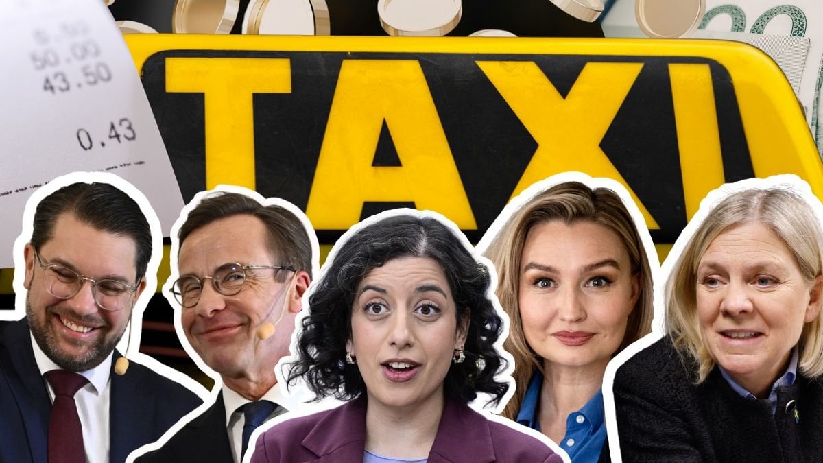 Jimmie Åkesson, Ulf Kristersson, Simona Mohamsson, Ebba Busch och Magdalena Andersson längst fram. Ett kvitto, mynt, hundrasedlar och en taxiskylt i bakgrunden.