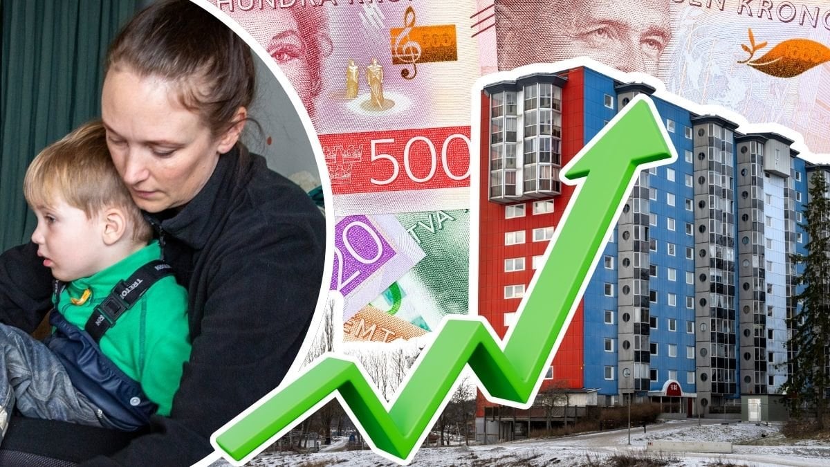 Mamma och barn, svenska sedlar och ett bostadshus