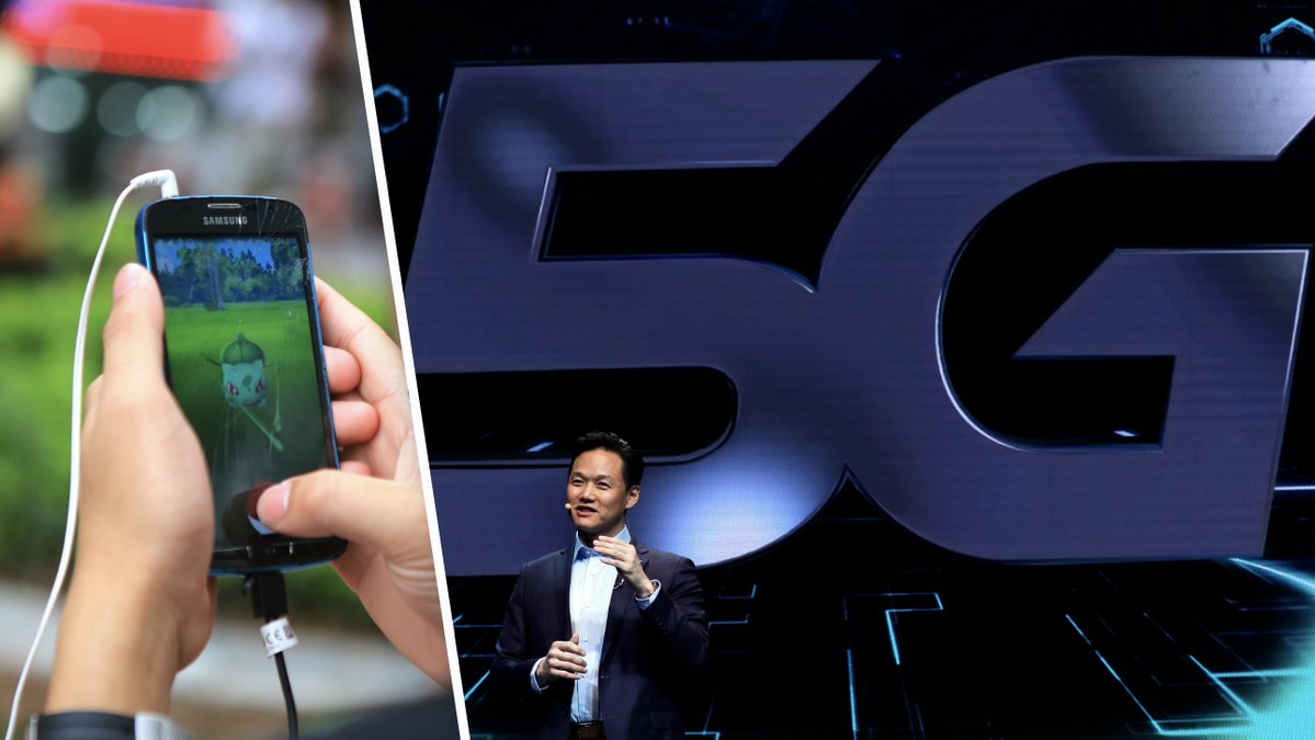 Mobil med Pokémon Go. En man presenterar 5G.