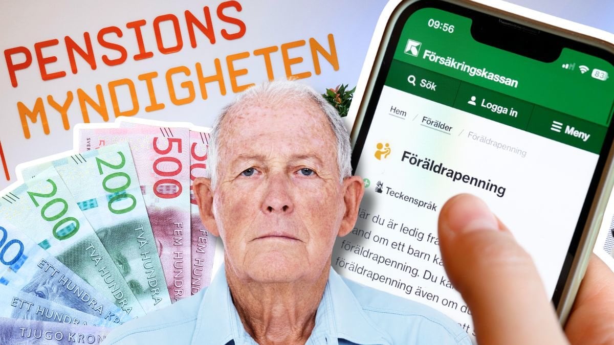 Svenska sedlar, Pensiomsyndighetens logga, Försäkringskassans app och en äldre man