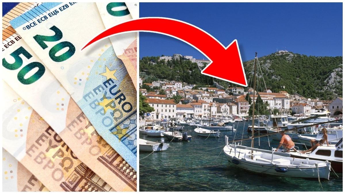 Euro-sedlar och staden Hvar i Kroatien