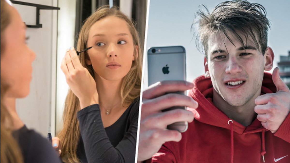 Tonåring som sminkar sig, kille som tar en selfie