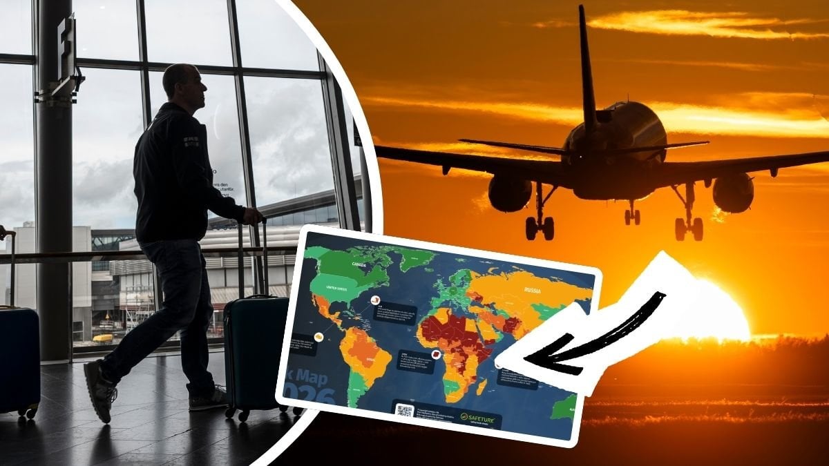 Man med resväska på flygplats, flygplan i solnedgång och riskkartan