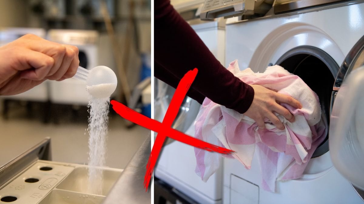 Häller tvättpulver till vänster. Sätter in kläder i en tvättmaskin till höger. Rött kryss mellan bilderna