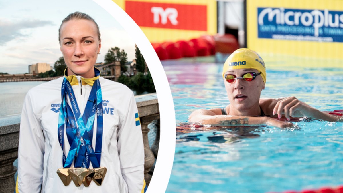 Sarah Sjöström med medaljer. Sarah Sjöström i bassäng.