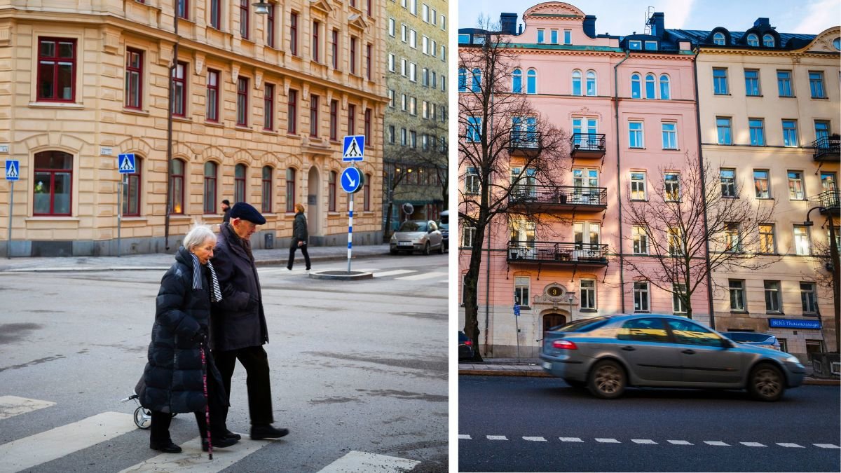 Ett äldre par pensionärer och bostadshus.