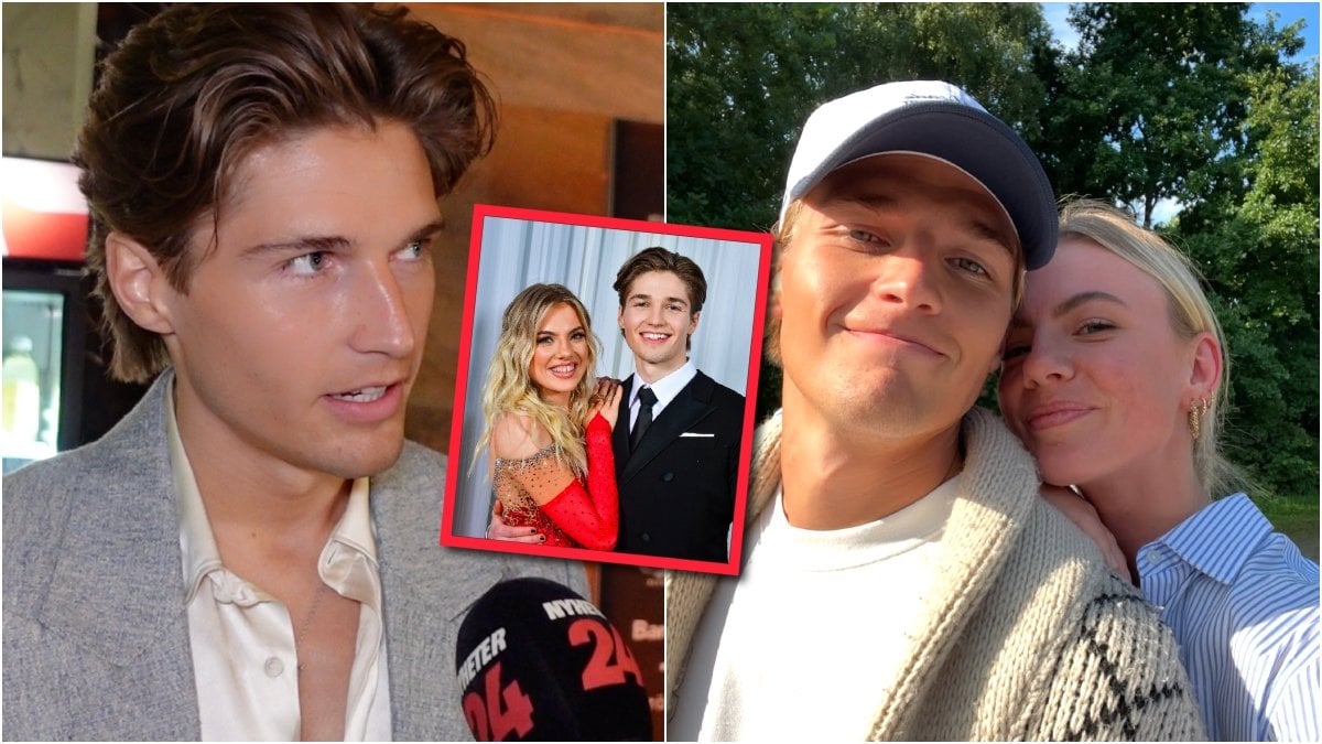 Närbild på Filip Lamprecht, Filip Lamprecht och Linn Hegdal under Let's Dance 2021, och en selfie på Filip Lamprecht och Linn Hegdal 