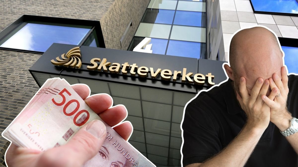 Skatteverkets huvudentré, pengar i en hand och en uppgiven man som har ansiktet begravt i händerna.