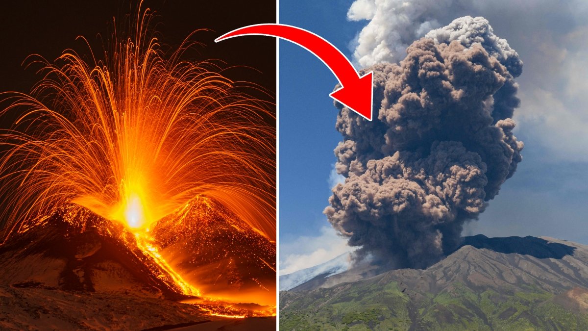 Vulkanen Etna under ett utbrott 2021 och under ett utbrott 2025. 