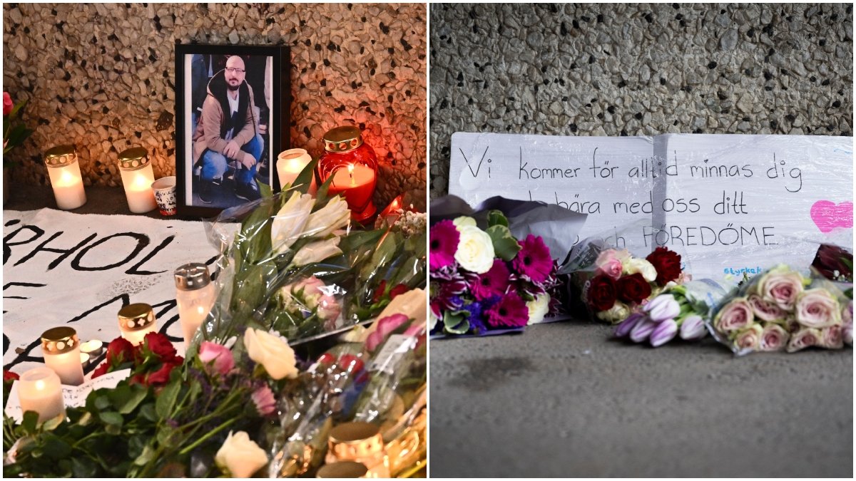 Blommor och ljus på platsen där 39-årige Mikael sköts till döds.