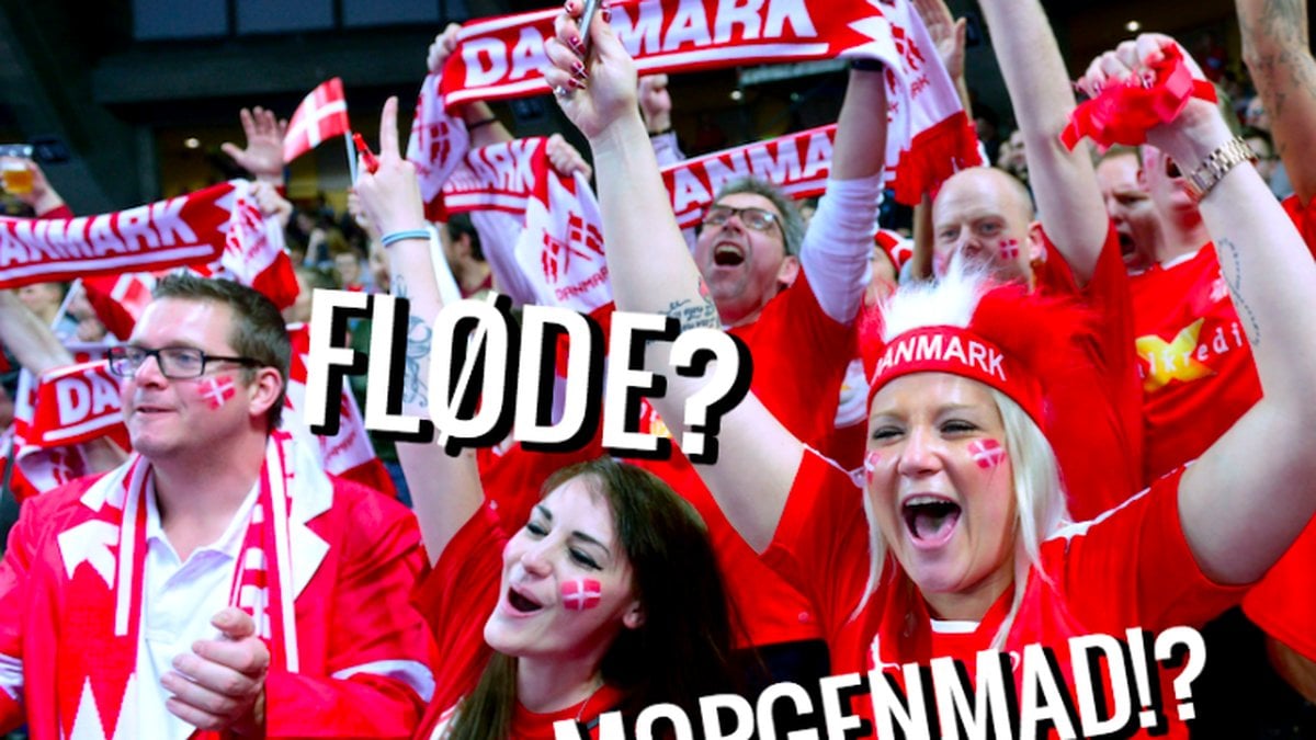 Bild på glada danska fotbollssupportrar – över bilden syns orden fløde och morgenmad