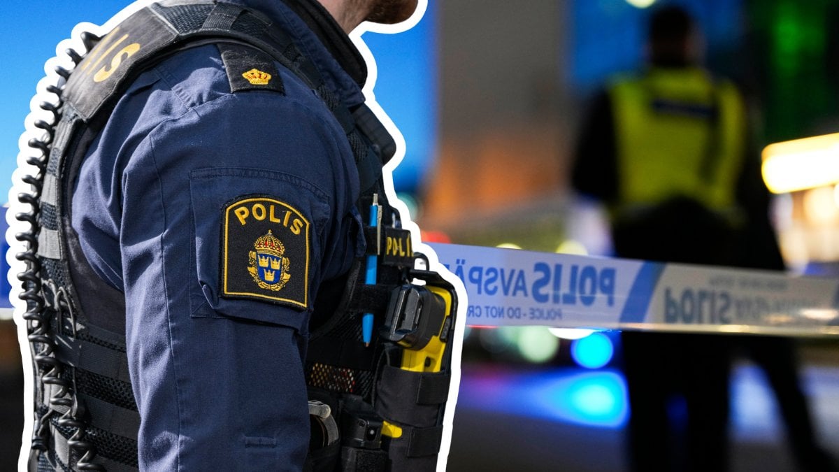 Polisavspärrning i bakgrunden. En utklippt bild på en polis arm till vänster.
