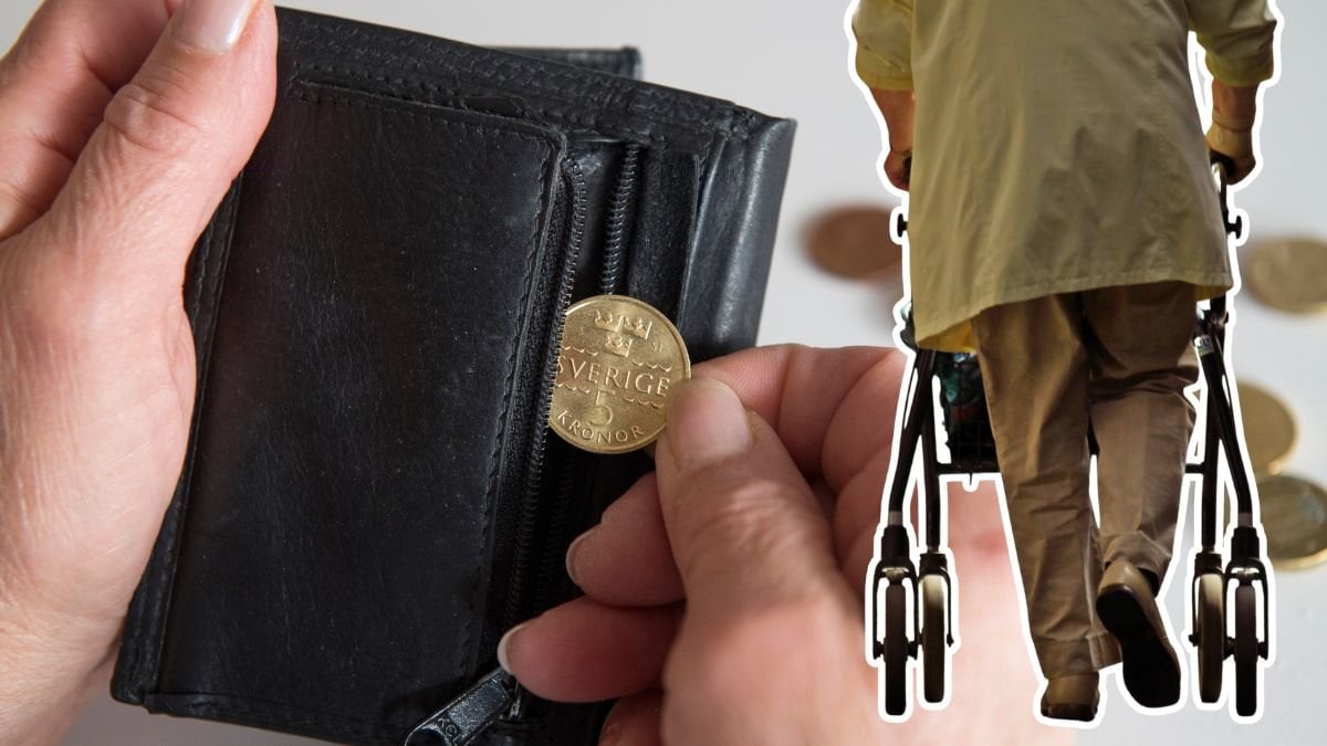 Plånbok med mynt och en person med en rollator.