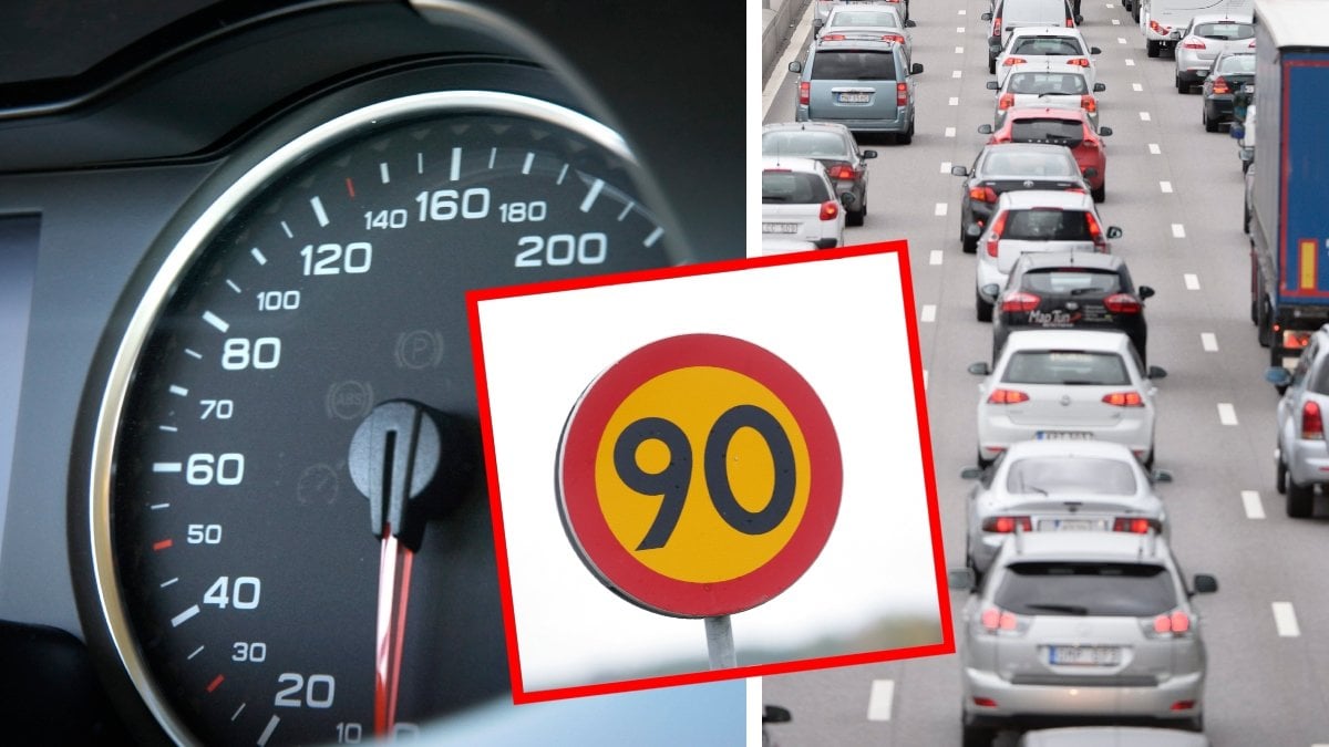 Bilden till vänster visar en hastighetsmätare. Bilden i mitten visar en vägskylt. Bilden till höger visar en trafikerad väg. 
