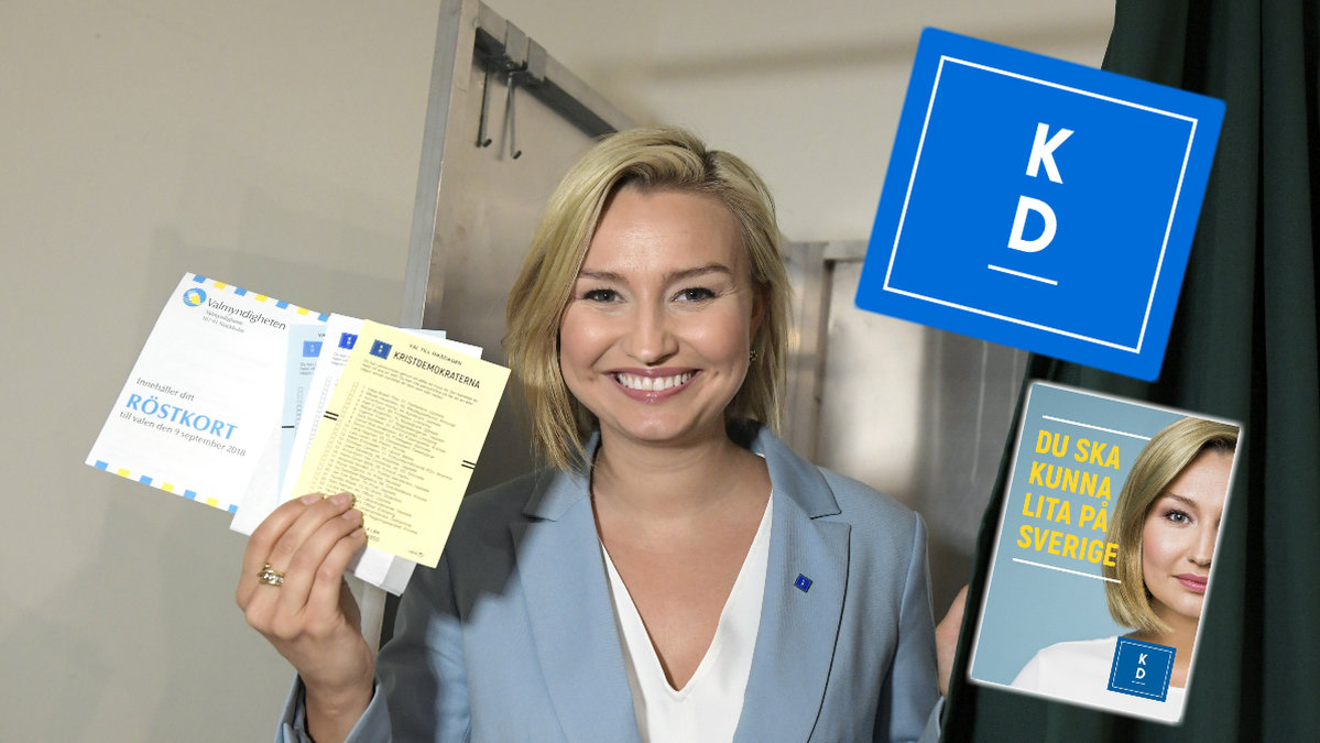 Ebba Busch Thor förtidsröstar, KD-emblem och en valaffisch.