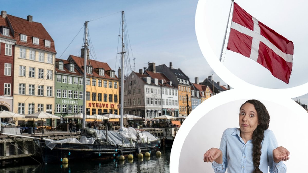 Nyhavn. Dansk flagga. Förvånad person.