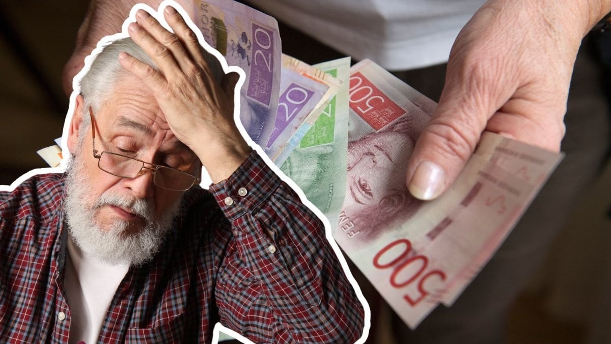 Uppgiven man med handen på pannan och i bakgrunden syns någon som håller i pengar av olika valörer.